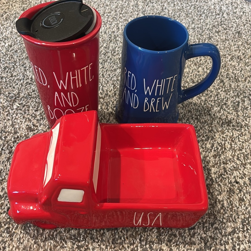 RAE DUNN  Ceramic Mug and travel cup with lid. Rae Dunn USA truck. All new